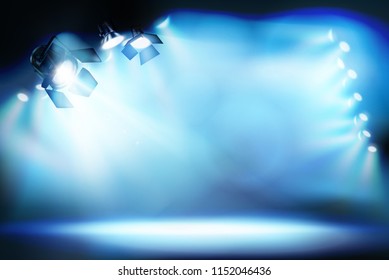 Stage illuminated by spotlights. Empty place for exposition. Vector illustration.