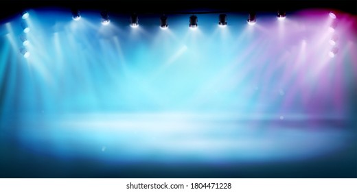 The stage illuminated by spotlights. The show on the stadium. Free space for advertising or displaying products. Vector illustration.