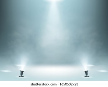 Stage illuminated by spotlights with smoke effect, empty stage space for award ceremony, product presentation or fashion show performance, studio theater interior, Realistic 3d vector illustration - Shutterstock ID 1650532723