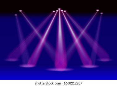 Stage illuminated by spotlights. Spotlighted blue scene. Vector illustration.