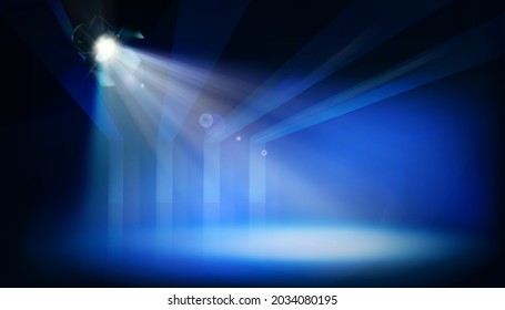 Stage illuminated by theatrical spotlight during the show. Place for the exhibition. Blue background. Vector illustration.