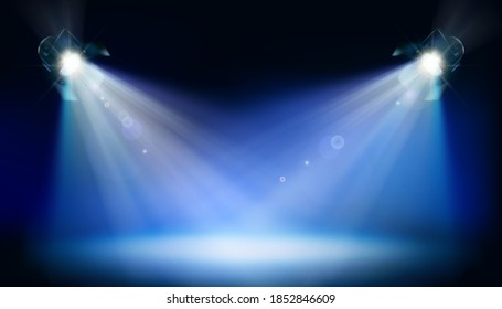 Stage illuminated by two theatre spotlights during the show. Blue background. Place for the exhibition. Vector illustration.