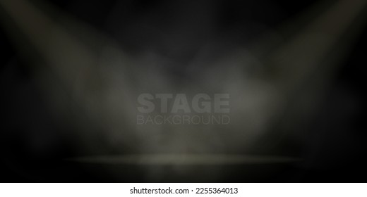 Stage illuminated with fog, blank vector background for presentation. Spotlight scene, foggy concert hall illustration.