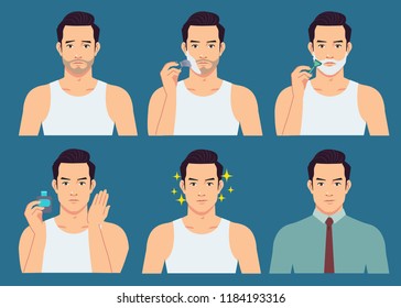 The stage illustration of the handsome man shaves his beard.