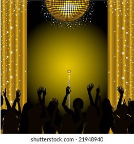 Stage illustration with silhouette crowd, microphone, disco ball and curtains