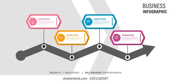 Diagrama de plantillas de infografía de etapa con forma horizontal rectangular dirección derecha y diseño creativo de 4 pasos para presentación de diapositivas
