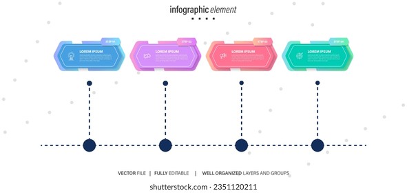 Diagrama de plantillas de infografía de etapa con forma horizontal rectangular dirección derecha y diseño creativo de 4 pasos para presentación de diapositivas
