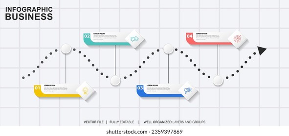 Stage infographics template diagram with rectangle horizontal shape right direction and 4 point step creative design for slide presentation