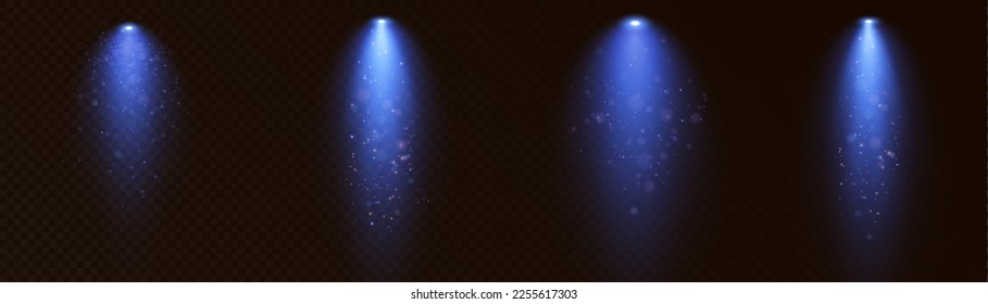 Stage light and blue glitter with the effect of blue rays falling on the floor and sparkling dust. Vector.