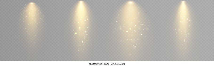 Stage light and gold glitter with the effect of golden rays, rays and sparkling dust falling on the floor. Vector.