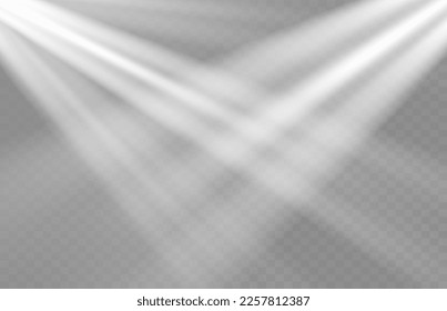 Stage light and gold glitter with the effect of golden rays, rays and sparkling dust falling on the floor. Vector.