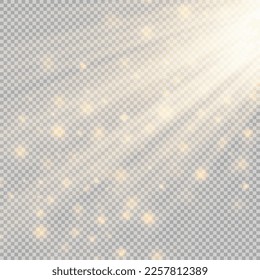 Stage light and gold glitter with the effect of golden rays, rays and sparkling dust falling on the floor. Vector.