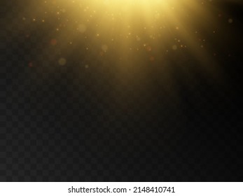 Stage light and golden glitter with the effect of golden rays and falling sparkling dust. Abstract golden rays to highlight your product. Sun rays