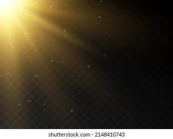 Stage light and golden glitter with the effect of golden rays and falling sparkling dust. Abstract golden rays to highlight your product. Sun rays