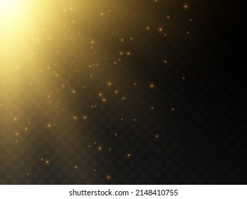 Stage light and golden glitter with the effect of golden rays and falling sparkling dust. Abstract golden rays to highlight your product. Sun rays