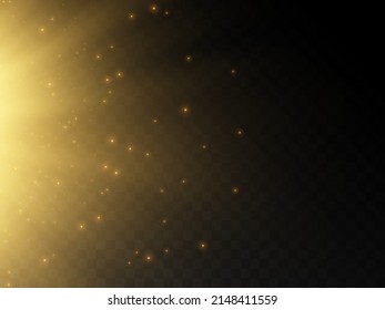 Stage light and golden glitter with the effect of golden rays and falling sparkling dust. Abstract golden rays to highlight your product. Sun rays