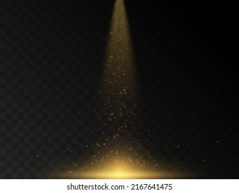 Luz escénica y brillo dorado con el efecto de los rayos dorados y la caída del polvo espumoso. Resumen de rayos dorados para resaltar tu producto. Rayos solares. Vector	