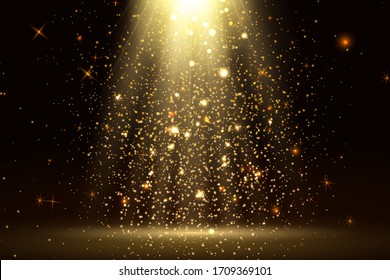 Stage light and golden glitter lights effect with gold rays, beams and falling glittering dust on floor. Abstract gold background for display your product. Shiny spotlight or stage. vector.