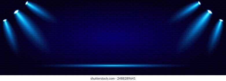 Luz de escenario en una pared de ladrillo azul, efectos de luz de escenario de focos azules, espectáculo de luces en un concierto.Vector.