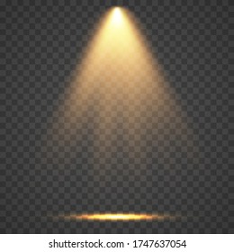 Stage light ray isolated on transparent background. Vector bright yellow glow scene spotlight effect. Shine vertical theater projector beam template for your creative design.