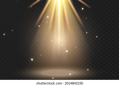 Stage light ray isolated on transparent background. Vector bright yellow glow scene spotlight effect. Shine vertical theater projector beam template for your creative design.