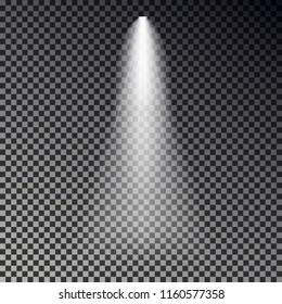 Stage light ray vector. Spotlight transparent effect isolated on dark background. Shine spot light design. Vector illustration.