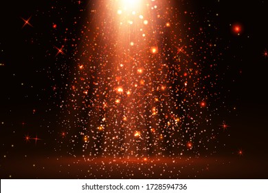 Stage light and red glitter lights effect with red rays, beams and falling glittering dust on floor. Abstract red background for display your product. Shiny spotlight or stage. vector.