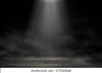 Stage light, white glitter lights effect with rays, beams and falling glittering dust on floor. Shiny spotlight for stage. Spotlight illuminated smoke with fog on a dark background. Illuminated design