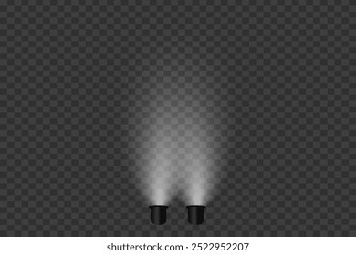 Iluminación escénica desde abajo. Focos y lámpara brillantes. Sobre un fondo transparente.