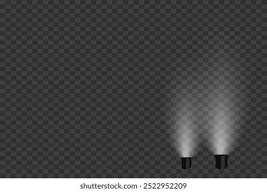 Stage lighting from below. Glowing spotlights and lamp. On a transparent background.