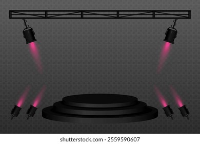 Stage lighting. Black stage platform with spotlights shining from above and sides. Perfect for concerts, performances, events, and shows. Highlighting center stage with professional lighting equipment