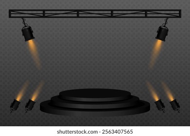 Stage lighting. Black stage platform with spotlights shining from above and sides. Perfect for concerts, performances, events, and shows. Highlighting center stage with professional lighting equipment