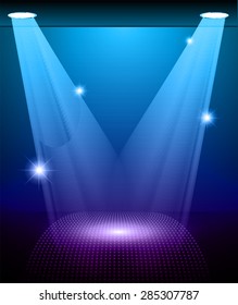 Stage Lighting blue purple Background with Spot Light Effects, vector illustration. Abstract light lamps background for Technology computer graphic website internet and business. 