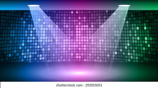 Stage Lighting blue purple green Background with Spot Light Effects, vector illustration. Abstract light lamps background for Technology computer graphic website internet business. screen,movie,cinema