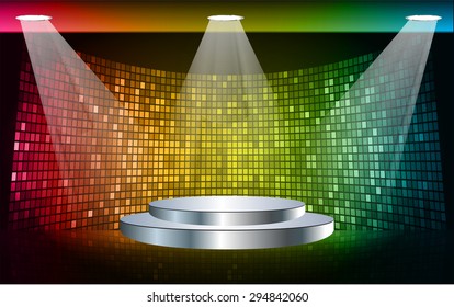 Stage Lighting blue red yellow Background with Spot Light Effects, vector illustration. Abstract light lamps background for Technology computer graphic website internet business. screen,movie,cinema