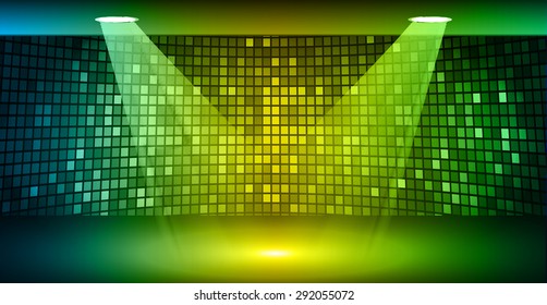 Stage Lighting blue yellow green Background with Spot Light Effects, vector illustration. Abstract light lamps background for Technology computer graphic website internet business. screen,movie,cinema