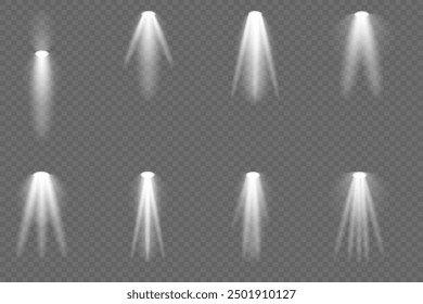Stage lighting collection. Bright illumination with spotlights. Transparent special effect for your design. On a transparent background.