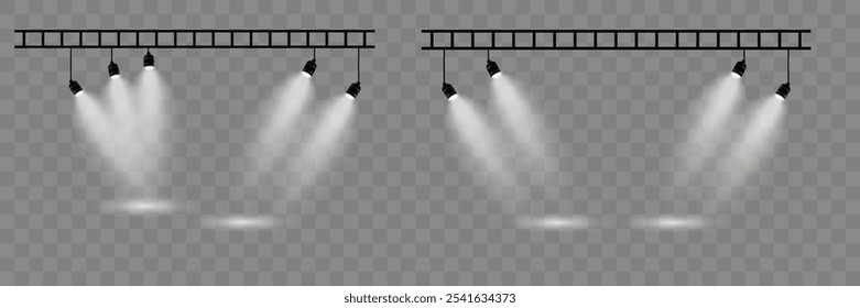 Stage lighting collection. Bright lighting with spotlights. Light effect. Spotlight.