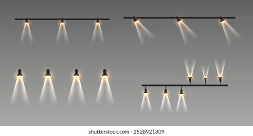 Stage lighting collection. Glowing spotlights and podium lights.