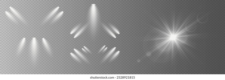 Coleção de iluminação do palco. Luzes brilhantes e do pódio.