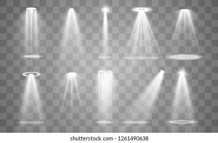 Stage lighting, a collection of transparent effects. Bright lighting with spotlights. Vector illustration.