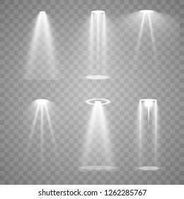 Stage lighting, a collection of transparent effects. Bright lighting with spotlights. Vector illustration.