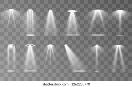 Stage lighting, a collection of transparent effects. Bright lighting with spotlights. Vector illustration.