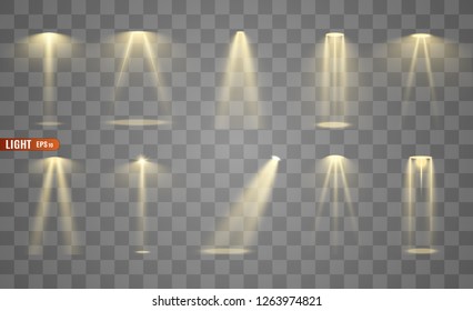 Stage lighting, a collection of transparent effects. Bright lighting with spotlights. Vector illustration.