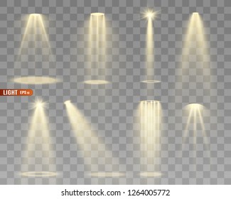 Stage lighting, a collection of transparent effects. Bright lighting with spotlights. Vector illustration.