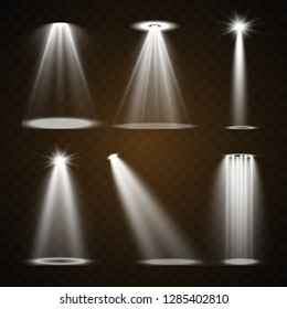 Stage lighting, a collection of transparent effects. Bright lighting with spotlights. Vector illustration. 