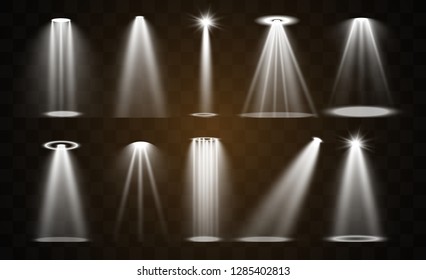 Stage lighting, a collection of transparent effects. Bright lighting with spotlights. Vector illustration. 