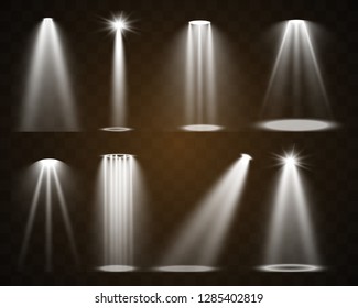 Stage lighting, a collection of transparent effects. Bright lighting with spotlights. Vector illustration. 