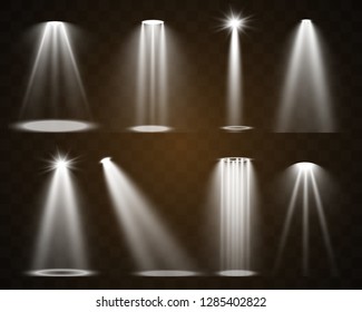 Iluminación escénica, una colección de efectos transparentes. Luces luminosas con focos. Ilustración vectorial. 