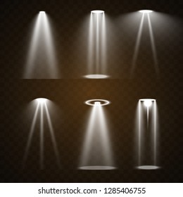 Stage lighting, a collection of transparent effects. Bright lighting with spotlights. Vector illustration. 